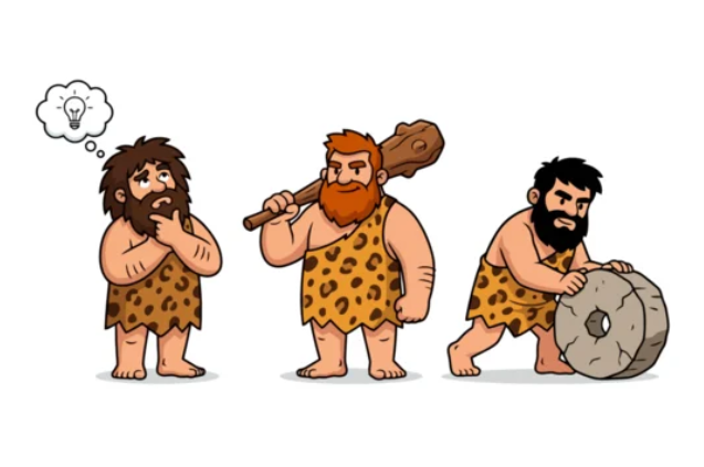 Three cavemen: one with an idea, one with a club, one rolling a stone wheel