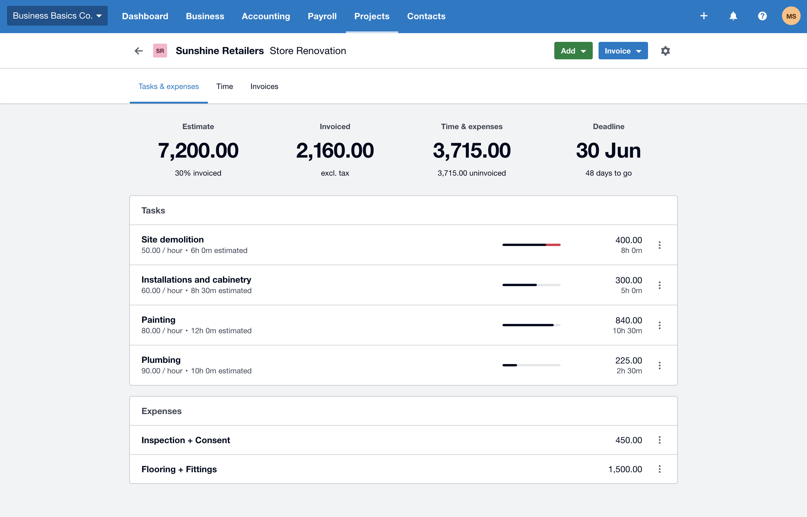Xero Projects screen showing a job's estimate, invoiced amount, time and expenses, and task breakdown